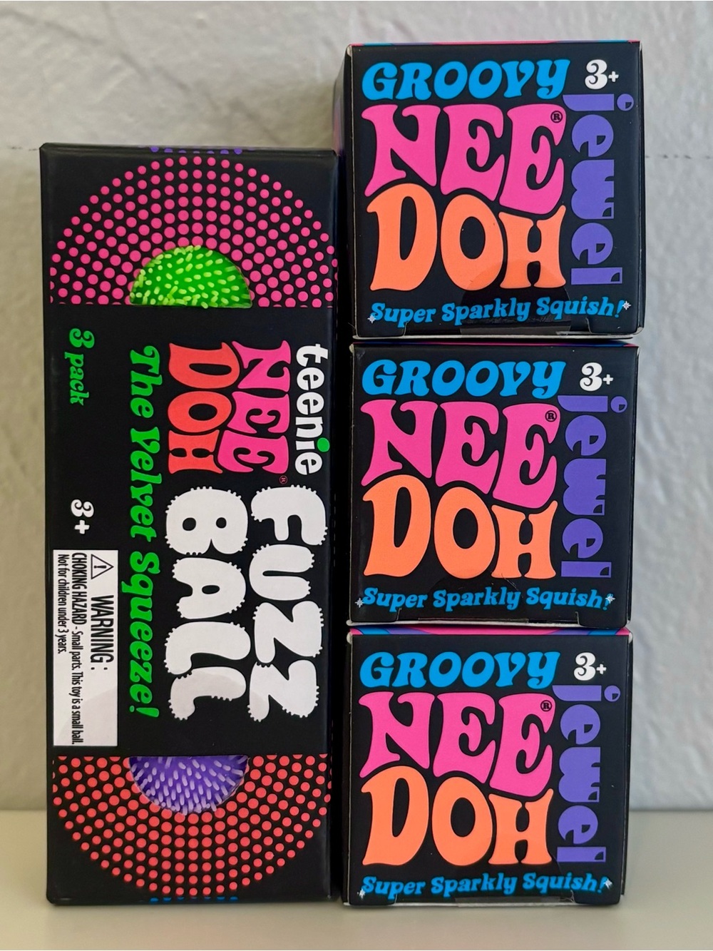3-Pack NeeDoh Teenie Fuzz Ball & Jewel Squishy Toys